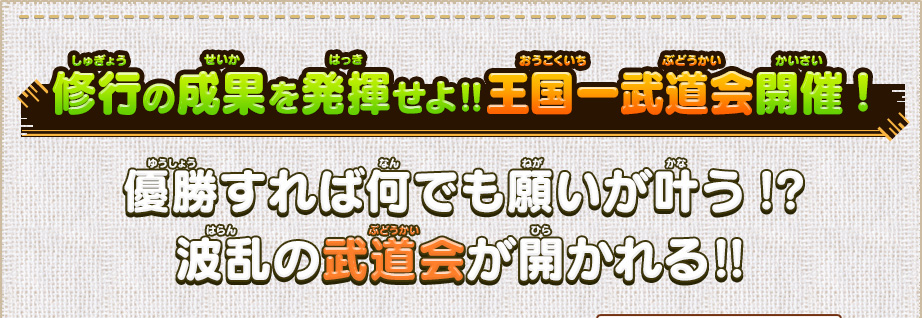 修行の成果を発揮せよ‼王国一武道会開催!優勝すれば何でも願いが叶う!?波乱の武道会が開かれる‼